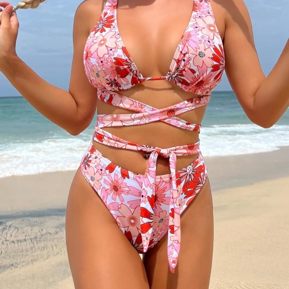 NEW Butterly Barbiecore‎ Pink Floral Wrap Bikini Summer Swimsuit-(#1,457)
